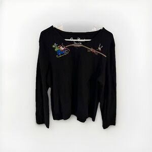 Onque Casuals Christmas Long Sleeve Womans Blouse Top Black Santa Reindeer Xl